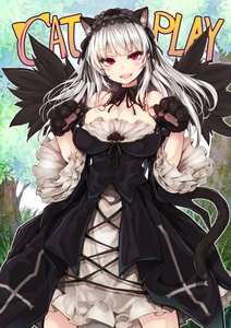 Rating: Safe Score: 3 Tags: 1girl :d animal_ears animal_hands bare_shoulders black_wings breasts cat_ears cat_paws cat_tail cleavage commentary_request detached_collar dress english_text feathers flower frills gloves gothic_lolita hairband image large_breasts lolita_fashion lolita_hairband long_hair long_sleeves looking_at_viewer open_mouth paw_pose red_eyes rose rozen_maiden silver_hair smile solo suigintou tail tousen wings User: admin