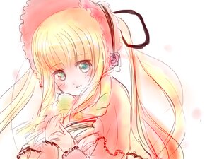 Rating: Safe Score: 0 Tags: 1girl bangs blonde_hair blush eyebrows_visible_through_hair flower image long_hair looking_at_viewer rose scarf shinku smile solo striped twintails upper_body User: admin