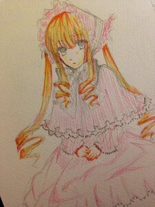 Rating: Safe Score: 0 Tags: 1girl blonde_hair bonnet dress frills image long_hair long_sleeves looking_at_viewer shinku simple_background solo traditional_media watercolor_(medium) User: admin