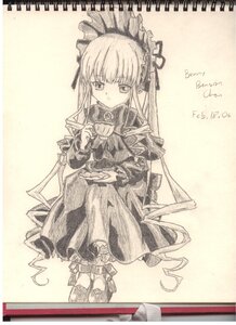 Rating: Safe Score: 0 Tags: 1girl bangs bonnet dress frills image long_hair long_sleeves looking_at_viewer monochrome photo shinku sitting solo traditional_media very_long_hair User: admin