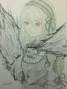 Rating: Safe Score: 0 Tags: 1girl bangs black_wings closed_mouth detached_collar dress feathered_wings frills hairband image lolita_hairband long_hair looking_at_viewer monochrome red_eyes ribbon signature simple_background solo suigintou traditional_media upper_body wings User: admin