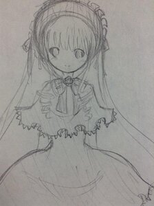 Rating: Safe Score: 0 Tags: 1girl closed_mouth dress grey_background greyscale hairband image long_hair long_sleeves looking_at_viewer monochrome shinku simple_background sketch smile solo standing traditional_media very_long_hair white_background User: admin