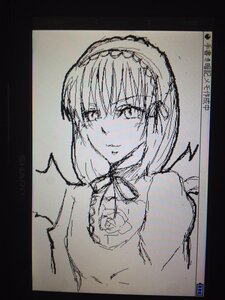 Rating: Safe Score: 0 Tags: 1girl bangs black_border border closed_mouth eyebrows_visible_through_hair image long_sleeves looking_at_viewer monochrome photo short_hair simple_background sketch solo suigintou traditional_media upper_body User: admin