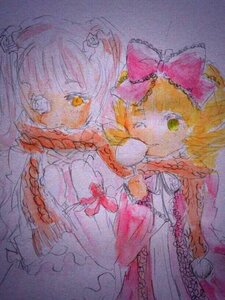 Rating: Safe Score: 0 Tags: 2girls blonde_hair bow dress eyepatch frills hina_ichigo hinaichigo image kirakishou multiple_girls pair pink_bow short_hair traditional_media watercolor_(medium) yellow_eyes User: admin