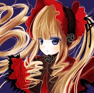 Rating: Safe Score: 0 Tags: 1girl bangs blonde_hair blue_background blue_eyes blush bonnet bow drill_hair flower image long_hair looking_at_viewer red_flower rose shinku simple_background solo twintails upper_body User: admin