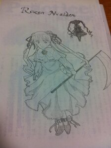 Rating: Safe Score: 0 Tags: 1girl dress full_body image long_hair long_sleeves looking_at_viewer monochrome photo rose scythe shinku solo standing traditional_media twintails User: admin