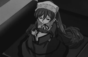Rating: Safe Score: 0 Tags: 1girl bangs closed_mouth dress frills greyscale image long_hair long_sleeves monochrome neck_ribbon ribbon sitting solo suiseiseki twintails very_long_hair User: admin