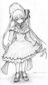 Rating: Safe Score: 0 Tags: 1girl bonnet bow bowtie dress frills full_body greyscale image long_hair long_sleeves looking_at_viewer monochrome shinku shoes solo standing twintails very_long_hair User: admin