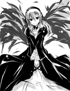 Rating: Safe Score: 0 Tags: 1girl babel99 blush closed_mouth commentary_request dress feathered_wings feathers flower frilled_sleeves frills greyscale hairband image lolita_hairband long_hair long_sleeves looking_at_viewer looking_back monochrome neck_ribbon ribbon rose rozen_maiden simple_background solo standing suigintou white_background wings User: admin
