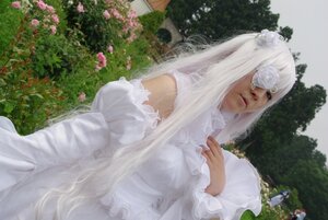 Rating: Safe Score: 0 Tags: 1girl closed_mouth detached_sleeves dress flower hair_flower hair_ornament kirakishou lips long_hair outdoors solo veil wedding_dress white_dress white_flower white_hair white_rose User: admin