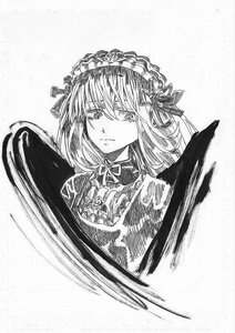 Rating: Safe Score: 0 Tags: 1girl closed_mouth feathered_wings greyscale hairband image lolita_hairband looking_at_viewer monochrome ribbon solo suigintou traditional_media wings User: admin