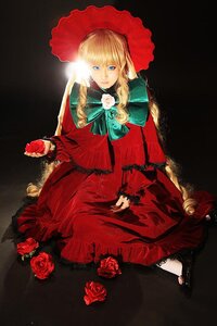 Rating: Safe Score: 0 Tags: 1girl blonde_hair blue_eyes bonnet capelet dress flower long_hair red_flower red_rose rose shinku sitting solo thorns User: admin