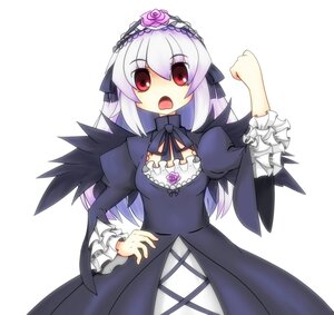 Rating: Safe Score: 0 Tags: 1girl dress flower frilled_sleeves frills gothic_lolita hairband image lolita_fashion long_hair long_sleeves looking_at_viewer open_mouth red_eyes ribbon silver_hair simple_background solo striped suigintou white_background wings User: admin