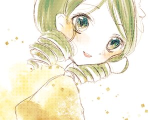 Rating: Safe Score: 0 Tags: 1girl :d bangs blush diagonal_stripes drill_hair eyebrows_visible_through_hair green_eyes green_hair image kanaria looking_at_viewer open_mouth smile solo striped striped_background white_background User: admin