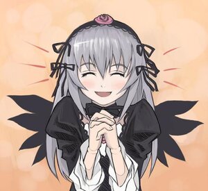 Rating: Safe Score: 0 Tags: 1girl :d black_wings blush closed_eyes dress flower hairband image long_hair long_sleeves open_mouth own_hands_together rose silver_hair simple_background smile solo suigintou upper_body wings User: admin