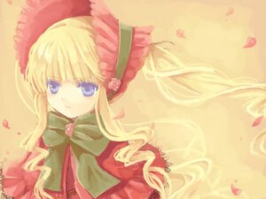 Rating: Safe Score: 0 Tags: 1girl bangs blonde_hair blue_eyes bonnet bow bowtie dress drill_hair flower green_bow image long_hair long_sleeves looking_at_viewer petals pink_rose red_dress rose shinku sidelocks solo twintails yellow_background User: admin