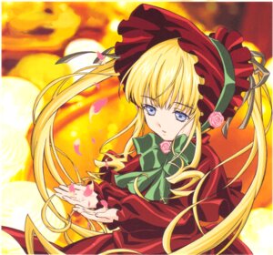 Rating: Safe Score: 0 Tags: 1girl blonde_hair blue_eyes bonnet bow bowtie dress flower green_bow green_neckwear image long_hair long_sleeves looking_at_viewer petals pink_flower pink_rose red_dress rose shinku sidelocks solo twintails upper_body yellow_background User: admin