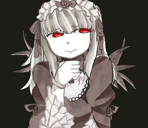 Rating: Safe Score: 0 Tags: 1girl bangs black_background closed_mouth dress frills hands_up image lolita_fashion long_hair long_sleeves looking_at_viewer own_hands_together red_eyes simple_background smile solo suigintou upper_body User: admin