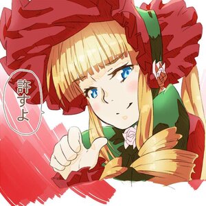 Rating: Safe Score: 0 Tags: 1girl bangs blonde_hair blue_eyes bonnet bow drill_hair flower green_bow hat image long_hair looking_at_viewer red_headwear rose shinku sidelocks simple_background solo User: admin