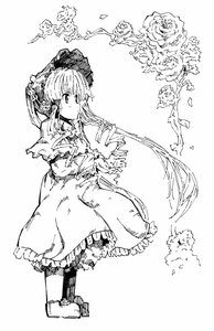 Rating: Safe Score: 0 Tags: 1girl auto_tagged boots bow dress flower frilled_dress frills greyscale image long_hair long_sleeves monochrome rose shinku solo standing striped User: admin