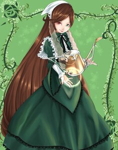 Rating: Safe Score: 0 Tags: 1girl brown_hair dress frills green_background green_dress head_scarf heterochromia image long_hair long_sleeves looking_at_viewer red_eyes ribbon smile solo suiseiseki very_long_hair watering_can User: admin
