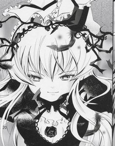 Rating: Safe Score: 0 Tags: 1girl dress flower frills greyscale hairband image lolita_fashion lolita_hairband long_hair monochrome rose smile solo suigintou traditional_media User: admin