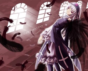 Rating: Safe Score: 0 Tags: 1girl bird black_feathers black_wings dress feathers flower frills hairband image long_hair long_sleeves looking_at_viewer looking_back silver_hair solo suigintou wings User: admin