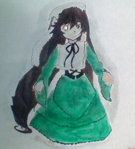 Rating: Safe Score: 0 Tags: 1girl bangs black_ribbon breasts brown_hair closed_mouth dress frills green_dress image long_hair long_sleeves looking_at_viewer neck_ribbon ribbon solo suiseiseki traditional_media very_long_hair User: admin