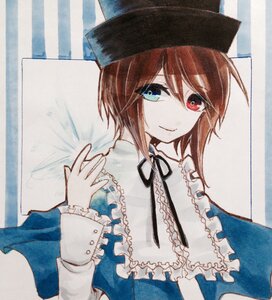 Rating: Safe Score: 0 Tags: 1girl blue_eyes brown_hair capelet hat heterochromia image long_sleeves looking_at_viewer marker_(medium) millipen_(medium) photo red_eyes shikishi short_hair smile solo souseiseki traditional_media upper_body User: admin