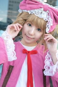 Rating: Safe Score: 0 Tags: 1girl bangs blonde_hair blue_eyes blurry bonnet bow depth_of_field food hinaichigo lace lips looking_at_viewer outdoors photo pink_bow pink_dress pink_neckwear realistic ribbon smile solo upper_body User: admin