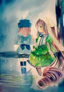 Rating: Safe Score: 0 Tags: 2girls apron brown_hair dress green_dress green_eyes hat head_scarf image long_hair long_sleeves multiple_girls pair pantyhose purple_hair ribbon short_hair souseiseki suiseiseki traditional_media very_long_hair watercolor_(medium) User: admin