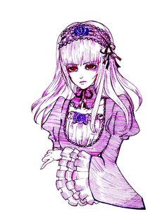 Rating: Safe Score: 0 Tags: 1girl dress flower frilled_sleeves frills hairband image juliet_sleeves long_hair long_sleeves looking_at_viewer monochrome puffy_sleeves red_eyes ribbon rose simple_background solo suigintou upper_body white_background User: admin