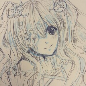 Rating: Safe Score: 0 Tags: 1girl closed_mouth eyebrows_visible_through_hair flower hair_flower hair_ornament image kirakishou long_hair looking_at_viewer monochrome rose smile solo traditional_media User: admin