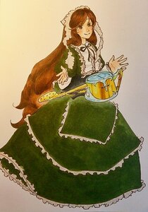 Rating: Safe Score: 0 Tags: 1girl apron brown_hair dress frills green_dress green_eyes image long_hair long_sleeves monster_girl neck_ribbon ribbon smile solo suiseiseki traditional_media very_long_hair User: admin