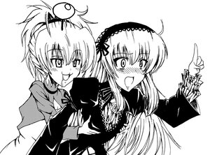 Rating: Safe Score: 0 Tags: 2girls blush greyscale hairband image long_hair long_sleeves monochrome multiple_girls open_mouth pointing ponytail simple_background solo suigintou tongue tongue_out User: admin