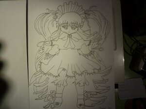 Rating: Safe Score: 0 Tags: 1girl dress frills full_body image long_hair long_sleeves looking_at_viewer monochrome photo shinku solo standing traditional_media twintails very_long_hair User: admin