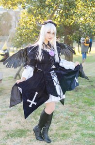 Rating: Safe Score: 0 Tags: 1girl black_footwear blurry boots choker dress flower full_body long_hair long_sleeves photo solo standing suigintou tree wings User: admin