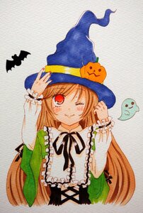Rating: Safe Score: 0 Tags: 1girl bat dress ghost halloween hat image jack-o'-lantern long_hair long_sleeves one_eye_closed pumpkin pumpkin_hair_ornament red_eyes smile solo suiseiseki traditional_media witch_hat User: admin