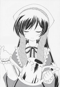 Rating: Safe Score: 0 Tags: 1girl blush closed_eyes dress frills greyscale image long_hair long_sleeves monochrome ribbon smile solo suiseiseki User: admin