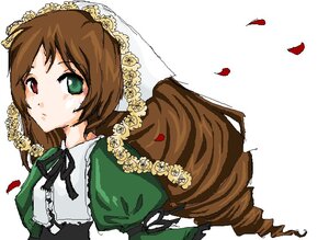 Rating: Safe Score: 0 Tags: 1girl bangs brown_hair dress flower green_dress green_eyes heterochromia image juliet_sleeves long_hair long_sleeves looking_at_viewer petals puffy_sleeves red_eyes ribbon simple_background solo suiseiseki white_background User: admin