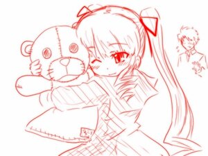 Rating: Safe Score: 0 Tags: 1boy 1girl blush hair_ribbon image long_hair monochrome ribbon shinku sketch smile solo stuffed_animal twintails User: admin