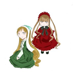 Rating: Safe Score: 0 Tags: 2girls blonde_hair bonnet bow bowtie dress green_bow green_dress image long_hair long_sleeves looking_at_viewer multiple_girls pair shinku simple_background sitting suiseiseki twintails v_arms very_long_hair white_background User: admin