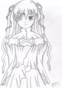 Rating: Safe Score: 0 Tags: 1girl dress greyscale hair_ornament image kirakishou long_hair long_sleeves looking_at_viewer monochrome signature simple_background solo traditional_media two_side_up white_background User: admin