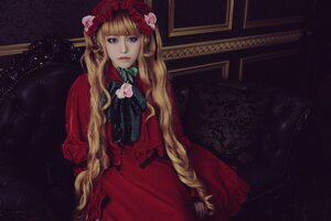 Rating: Safe Score: 0 Tags: 1girl blonde_hair blue_eyes bonnet bow dress flower long_hair long_sleeves looking_at_viewer red_dress shinku sitting solo very_long_hair User: admin