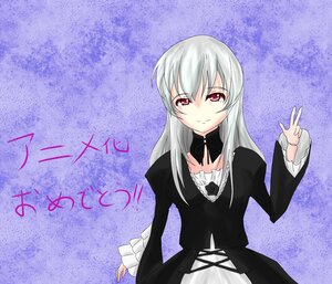 Rating: Safe Score: 0 Tags: 1girl black_dress detached_collar dress frills image juliet_sleeves long_hair long_sleeves looking_at_viewer purple_background silver_hair smile solo suigintou text_focus User: admin
