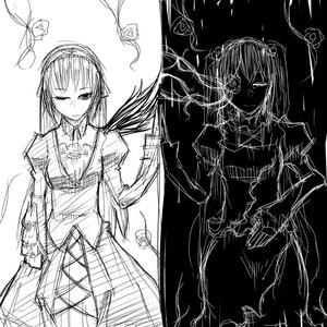 Rating: Safe Score: 0 Tags: 2girls dress flower greyscale image long_hair long_sleeves looking_at_viewer monochrome multiple_girls one_eye_closed rose sketch solo suigintou wings User: admin