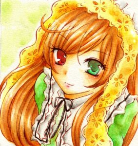 Rating: Safe Score: 0 Tags: 1girl brown_hair dress frills green_dress green_eyes image long_hair looking_at_viewer red_eyes smile solo suiseiseki traditional_media upper_body User: admin