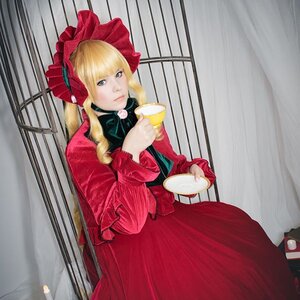 Rating: Safe Score: 0 Tags: 1girl bangs blonde_hair blue_eyes bonnet bow bowtie cup curtains dress long_hair long_sleeves looking_at_viewer photo red_dress saucer shinku solo teacup User: admin