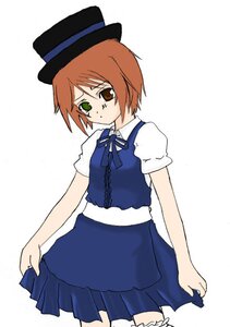 Rating: Safe Score: 0 Tags: 1girl cowboy_shot green_eyes hat heterochromia image looking_at_viewer ribbon shirt short_hair short_sleeves simple_background skirt solo souseiseki standing top_hat white_background white_shirt User: admin