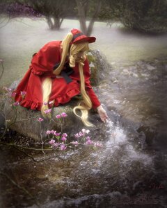 Rating: Safe Score: 0 Tags: 1girl blonde_hair dress flower long_hair long_sleeves nature outdoors red_dress shinku signature solo very_long_hair water User: admin